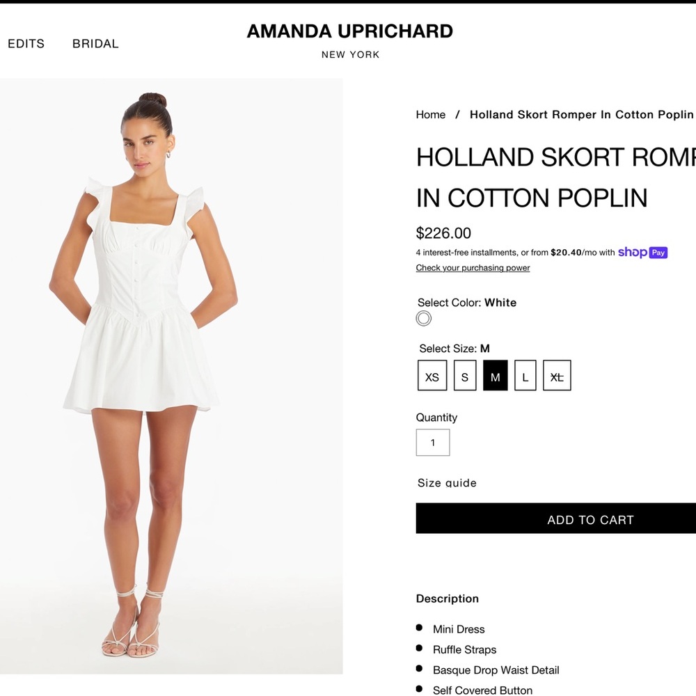 Amanda Uprichard Holland White Romper (Size: S)
